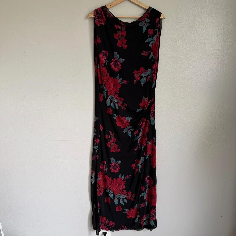 Free People Floral Mesh Maxi Dress Black Red Sleeveless XL‎ Stretch Sexy Cowl